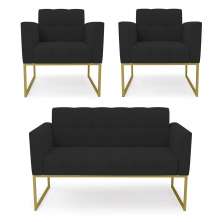 Kit 1 Sofá Namoradeira e 2 Poltronas Elisa Veludo Preto Base Metálica Industrial Dourado - D'Rossi