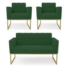 Kit 1 Sofá Namoradeira e 2 Poltronas Elisa Veludo Verde Base Metálica Industrial Dourado - D'Rossi