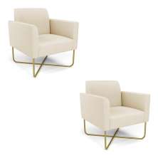 Kit 2 Poltronas Base X Industrial Dourado Marisa Linho Bege A19  D03 - D'Rossi