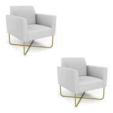 Kit 2 Poltronas Base X Industrial Dourado Marisa Linho Cinza A05  D03 - D'Rossi