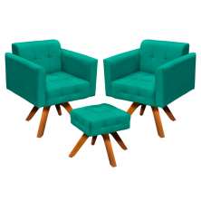 Kit 2 Poltronas com Puff Giratória Elisa Suede Verde Turquesa - D'Rossi