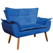 Kit Namoradeira e 01 Poltrona Giratória Opala Suede Azul Royal Base de Madeira - D'Rossi