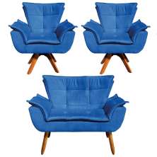 Kit Namoradeira e 02 Poltronas Giratória Opala Suede Azul Royal Base de Madeira - D'Rossi
