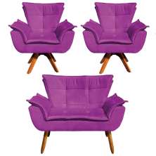 Kit Namoradeira e 02 Poltronas Giratória Opala Suede Roxo Base de Madeira - D'Rossi