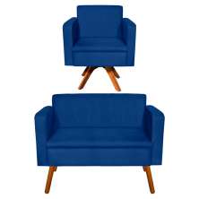 Kit Sofá Namoradeira e 01 Poltrona Giratória Emília Suede Azul Royal - D'Rossi