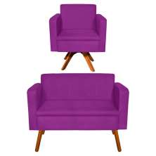 Kit Sofá Namoradeira e 01 Poltrona Giratória Emília Suede Roxo - D'Rossi