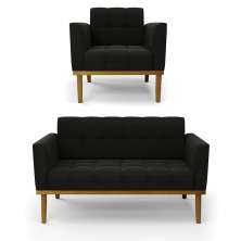 Namoradeira e Poltrona Base de Madeira Castanho Elisa Suede Preto D03 - D'Rossi