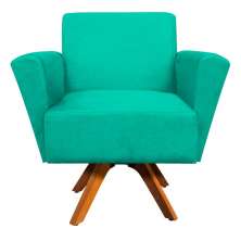 Poltrona Giratória Dora Suede Verde Turquesa Base Madeira - D'Rossi