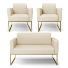 Sofá Namoradeira com 2 Poltronas Base Industrial Dourado Marisa Linho D03 - D'Rossi