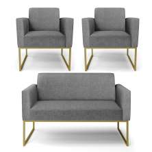 Sofá Namoradeira com 2 Poltronas Base Industrial Dourado Marisa Linho Grafite A26 D03 - D'Rossi