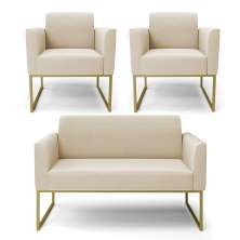Sofá Namoradeira com 2 Poltronas Base Industrial Dourado Marisa Suede D03 - D'Rossi