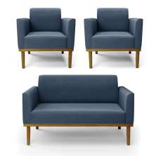 Sofá Namoradeira com 2 Poltronas Base de Madeira Fixa Castanho Marisa Suede Azul Marinho D03 - D'Rossi