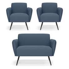 Sofá Namoradeira com 2 Poltronas Pés Palito de Ferro Bruna Suede Azul Marinho - D'Rossi