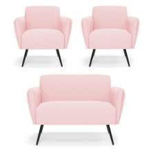 Sofá Namoradeira com 2 Poltronas Pés Palito de Ferro Bruna Suede Rosa Bebê - D'Rossi