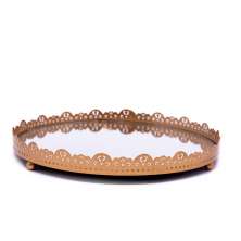 Bandeja Decorativa Redonda Em Metal Flor Rosê com Espelho 2x22x22 cm - D'Rossi