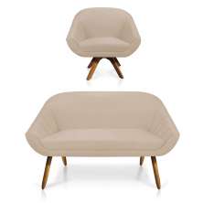 Kit 01 Namoradeira 02 Lugares e 01 Poltrona Giratória Giovana Suede Base Madeira MM30 - D'Rossi