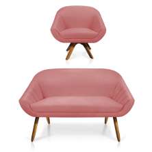 Kit 01 Namoradeira 02 Lugares e 01 Poltrona Giratória Giovana Suede Rose Base Madeira MM30 - D'Rossi