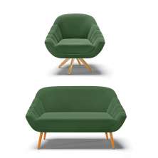Kit 01 Namoradeira 02 Lugares e 01 Poltrona Giratória Giovana Suede Verde Base Madeira MA30 - D'Rossi