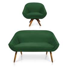 Kit 01 Namoradeira 02 Lugares e 01 Poltrona Giratória Giovana Suede Verde Base Madeira MM30 - D'Rossi