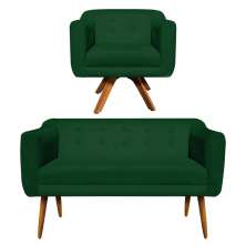 Kit 01 Namoradeira 02 Lugares e 01 Poltrona Giratória Julia Suede Verde Base Madeira MM30 D'Rossi