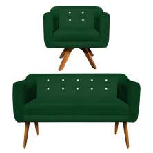 Kit 01 Namoradeira 02 Lugares e 01 Poltrona Giratória Julia Suede Verde com Strass Base Madeira MM30 D'Rossi