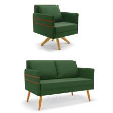 Kit 01 Namoradeira 02 Lugares e 01 Poltrona Mari Suede Verde Base de Madeira MA30 - D'Rossi