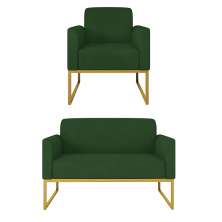 Kit 01 Namoradeira 02 Lugares e 01 Poltrona Marisa Suede Verde Base Industrial Metálica Dourado D'Rossi