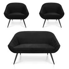 Kit 01 Namoradeira 02 Lugares e 02 Poltronas Giovana Suede Preto Pés Palito De Ferro - D'Rossi