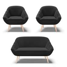 Kit 01 Namoradeira 02 Lugares e 02 Poltronas Giovana Suede Preto Pés Palito Natural - D'Rossi