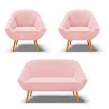 Kit 01 Namoradeira 02 Lugares e 02 Poltronas Giovana Suede Rosa Bebê Pés Palito Castanho - D'Rossi