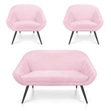 Kit 01 Namoradeira 02 Lugares e 02 Poltronas Giovana Suede Rosa Bebê Pés Palito De Ferro - D'Rossi
