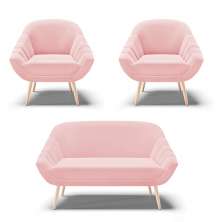 Kit 01 Namoradeira 02 Lugares e 02 Poltronas Giovana Suede Rosa Bebê Pés Palito Natural - D'Rossi