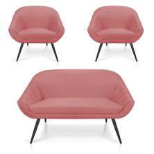 Kit 01 Namoradeira 02 Lugares e 02 Poltronas Giovana Suede Rose Pés Palito De Ferro - D'Rossi