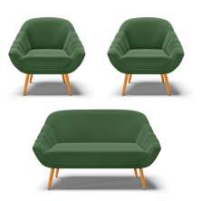 Kit 01 Namoradeira 02 Lugares e 02 Poltronas Giovana Suede Verde Pés Palito Castanho - D'Rossi