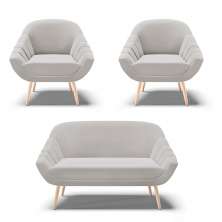 Kit 01 Namoradeira 02 Lugares e 02 Poltronas Giovana Veludo Cinza Pés Palito Natural - D'Rossi
