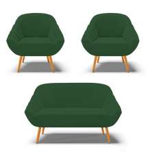Kit 01 Namoradeira 02 Lugares e 02 Poltronas Giovana Veludo Verde Pés Palito Castanho - D'Rossi