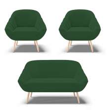 Kit 01 Namoradeira 02 Lugares e 02 Poltronas Giovana Veludo Verde Pés Palito Natural - D'Rossi