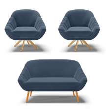 Kit 01 Namoradeira 02 Lugares e 02 Poltronas Giratória Giovana Suede Azul Marinho Base Madeira MA30 - D'Ross