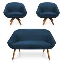Kit 01 Namoradeira 02 Lugares e 02 Poltronas Giratória Giovana Suede Azul Marinho Base Madeira MM30 - D'Rossi