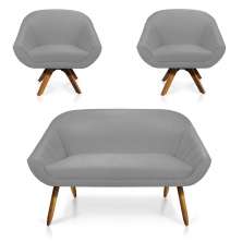 Kit 01 Namoradeira 02 Lugares e 02 Poltronas Giratória Giovana Suede Cinza Base Madeira MM30 - D'Rossi