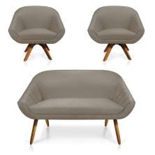 Kit 01 Namoradeira 02 Lugares e 02 Poltronas Giratória Giovana Suede Marrom Rato Base Madeira MM30 - D'Rossi