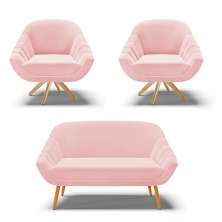 Kit 01 Namoradeira 02 Lugares e 02 Poltronas Giratória Giovana Suede Rosa Bebê Base Madeira MA30 - D'Rossi