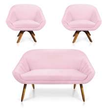Kit 01 Namoradeira 02 Lugares e 02 Poltronas Giratória Giovana Suede Rosa Bebê Base Madeira MM30 - D'Rossi