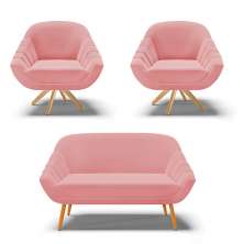 Kit 01 Namoradeira 02 Lugares e 02 Poltronas Giratória Giovana Suede Rose Base Madeira MA30 - D'Rossi