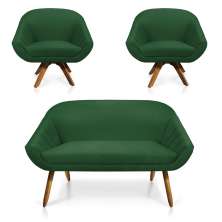Kit 01 Namoradeira 02 Lugares e 02 Poltronas Giratória Giovana Suede Verde Base Madeira MM30 - D'Rossi