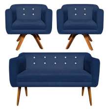 Kit 01 Namoradeira 02 Lugares e 02 Poltronas Giratória Julia Suede Azul Marinho com Strass Base Madeira MM30 D'Rossi