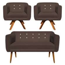 Kit 01 Namoradeira 02 Lugares e 02 Poltronas Giratória Julia Suede Marrom com Strass Base Madeira MM30 D'Rossi