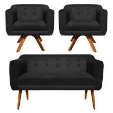 Kit 01 Namoradeira 02 Lugares e 02 Poltronas Giratória Julia Suede Preto Base Madeira MM30 D'Rossi