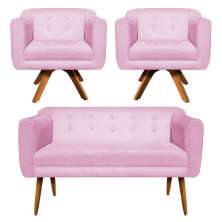 Kit 01 Namoradeira 02 Lugares e 02 Poltronas Giratória Julia Suede Rosa Bebê Base Madeira MM30 D'Rossi
