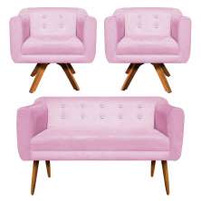 Kit 01 Namoradeira 02 Lugares e 02 Poltronas Giratória Julia Suede Rosa Bebê com Strass Base Madeira MM30 D'Rossi